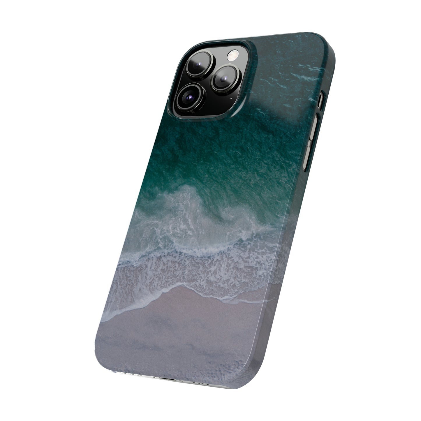 Ocean's Embrace: Deep Green Waters with White Waves Crashing onto the Beach Design Iphone 15-12 Slim Phone Case