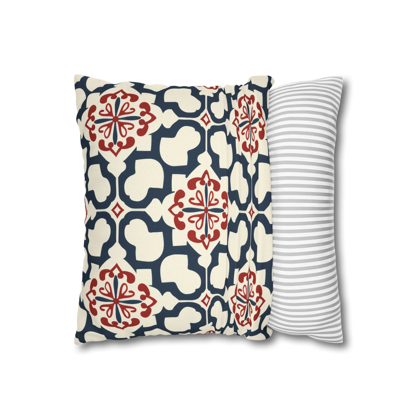 Traditional Korean Elegance in Bold Red and Navy Geometric Tile Pattern Spun Polyester Square Pillowcase 4 Sizes