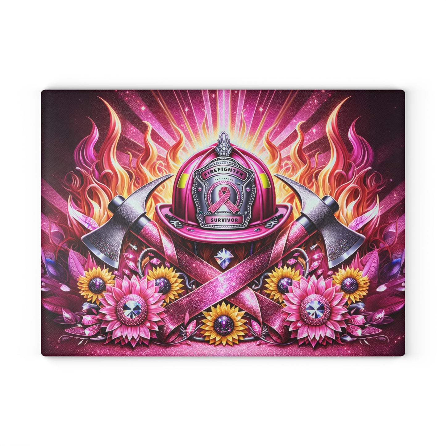 Breast Cancer Pink Ribbon Firefighter Sunflowers Awareness Glass Cutting Board, Charcuterie Serving Tray 2 Sizes