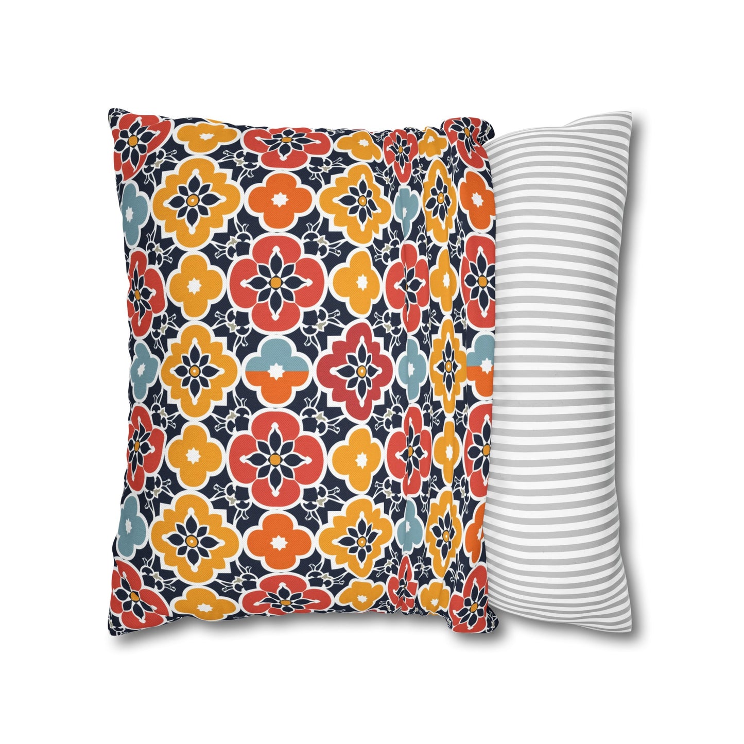 Vibrant Moroccan Orange, Gold and Blue Tile Pattern Spun Polyester Square Pillowcase 4 Sizes