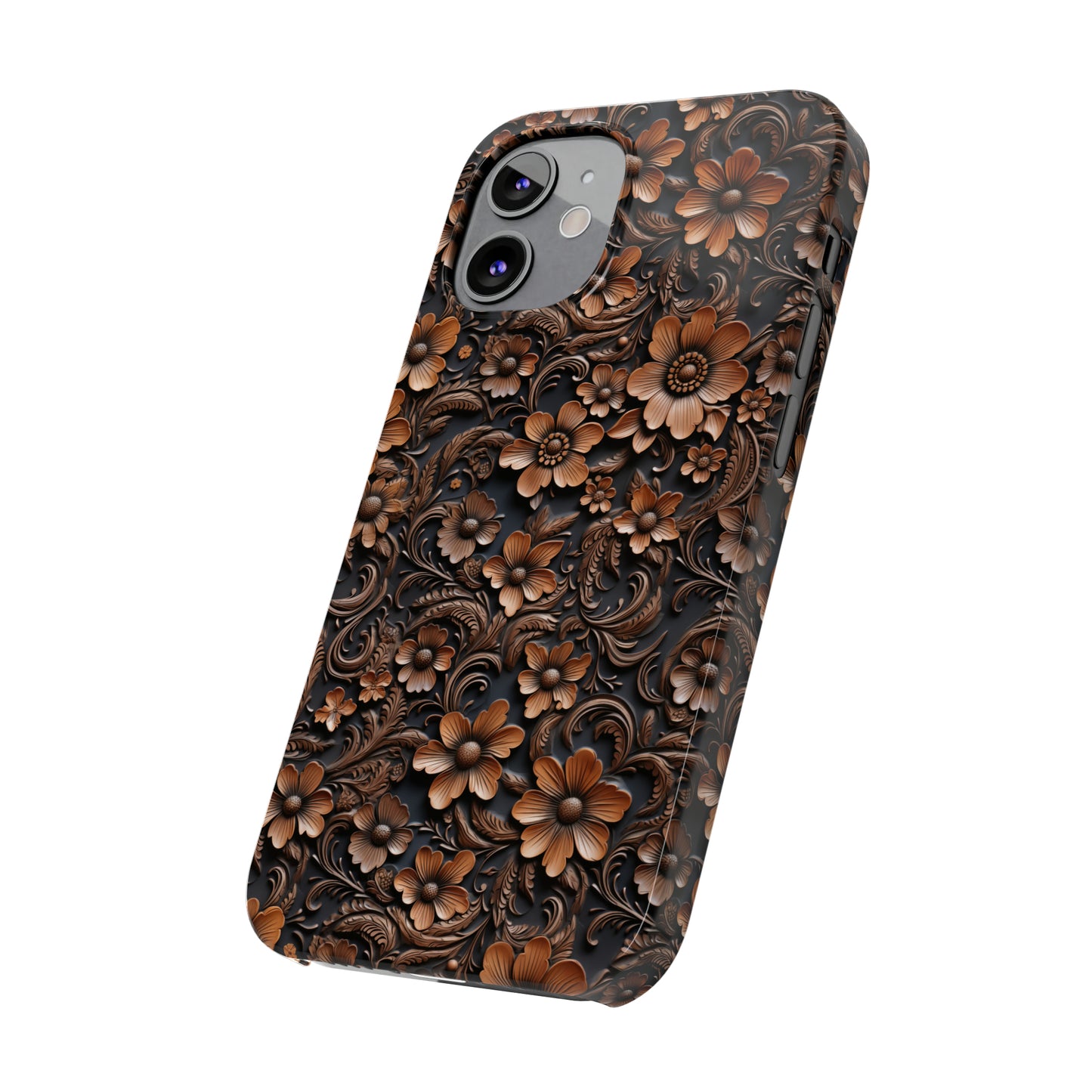 Tooled Deep Brown Leather Flowers Print Design Iphone 15-12 Slim Phone Case