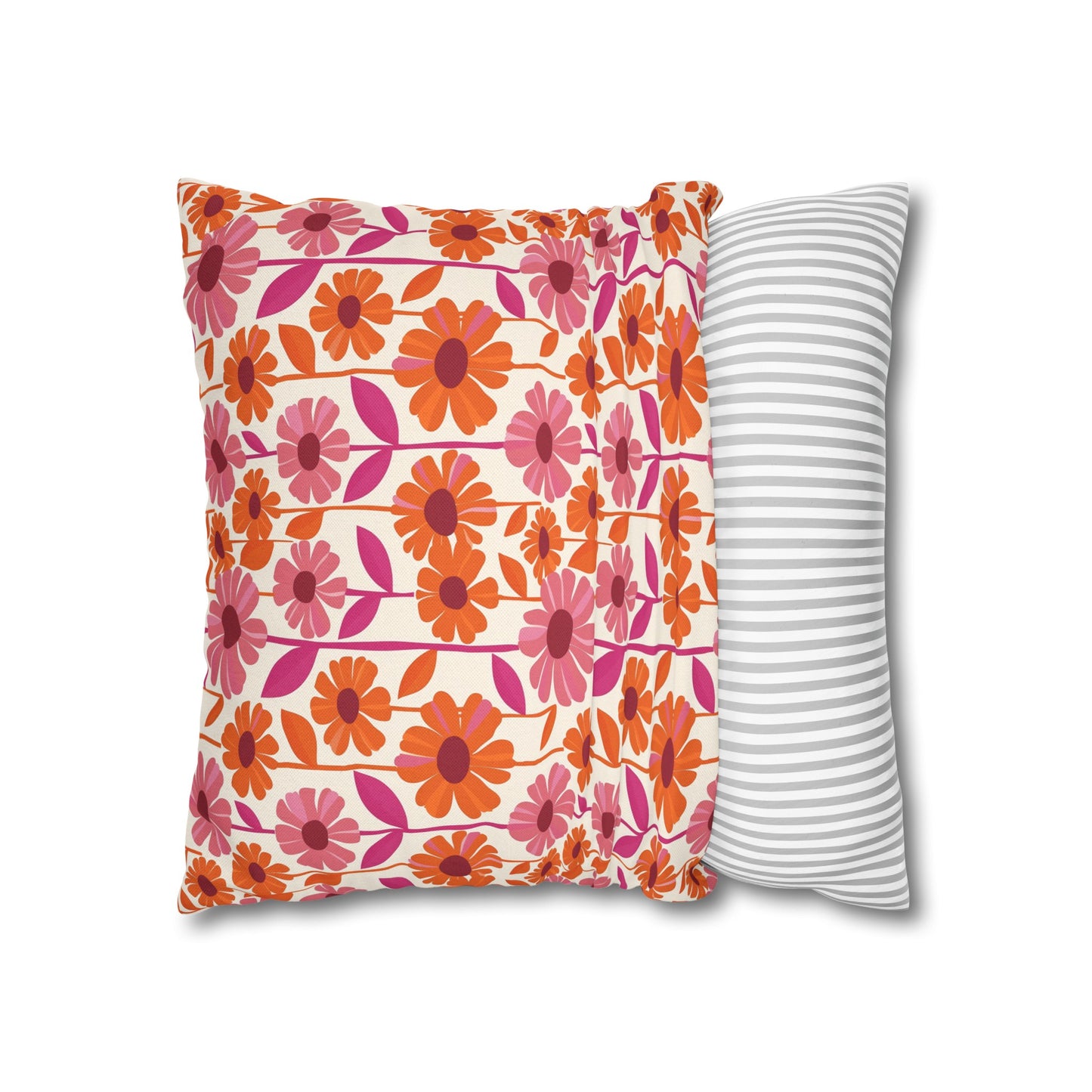 Retro Floral Bliss with Bold Pink and Orange Flower Design Spun Polyester Square Pillowcase 4 Sizes