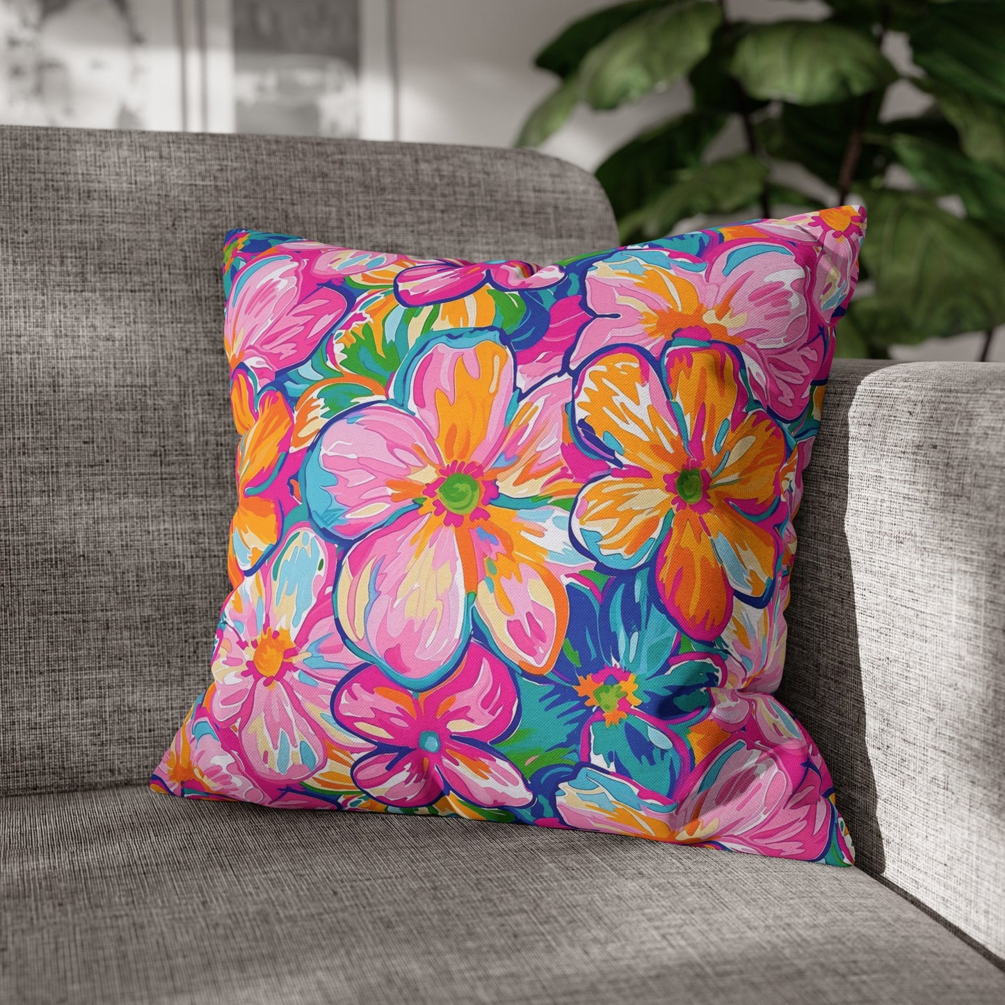 Chromatic Blossoms: Large Watercolor Flowers in Mixed Pinks, Blues, and Oranges Spun Polyester Square Pillowcase 4 Sizes