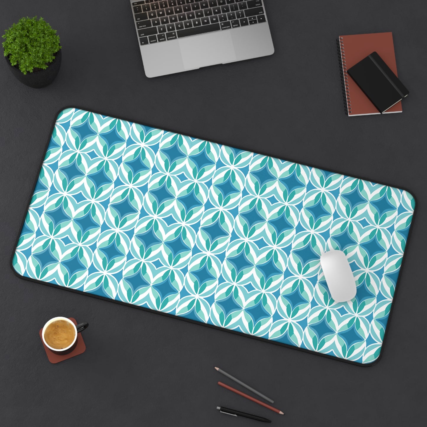 Retro Abstract Blue, Teal, and Aqua Pattern Extended Gaming Mouse Pad  Desk Mat  - 3 Sizes