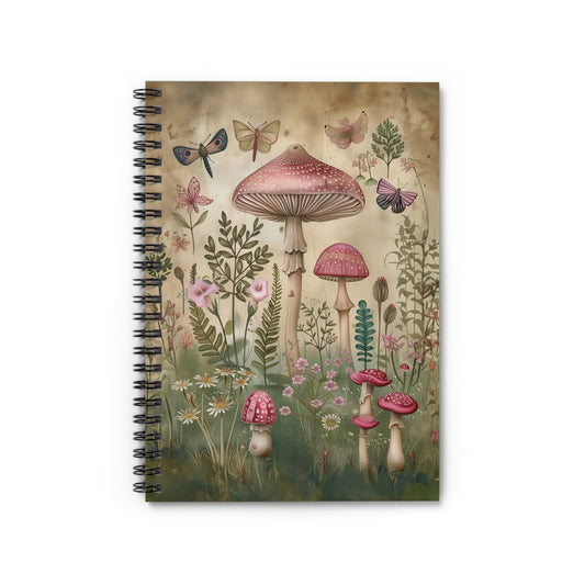 Botanical Wonderland: Mushrooms, Flowers, and Butterflies Flourishing in a Garden Setting - Spiral Notebook Ruled Line 6"x8"