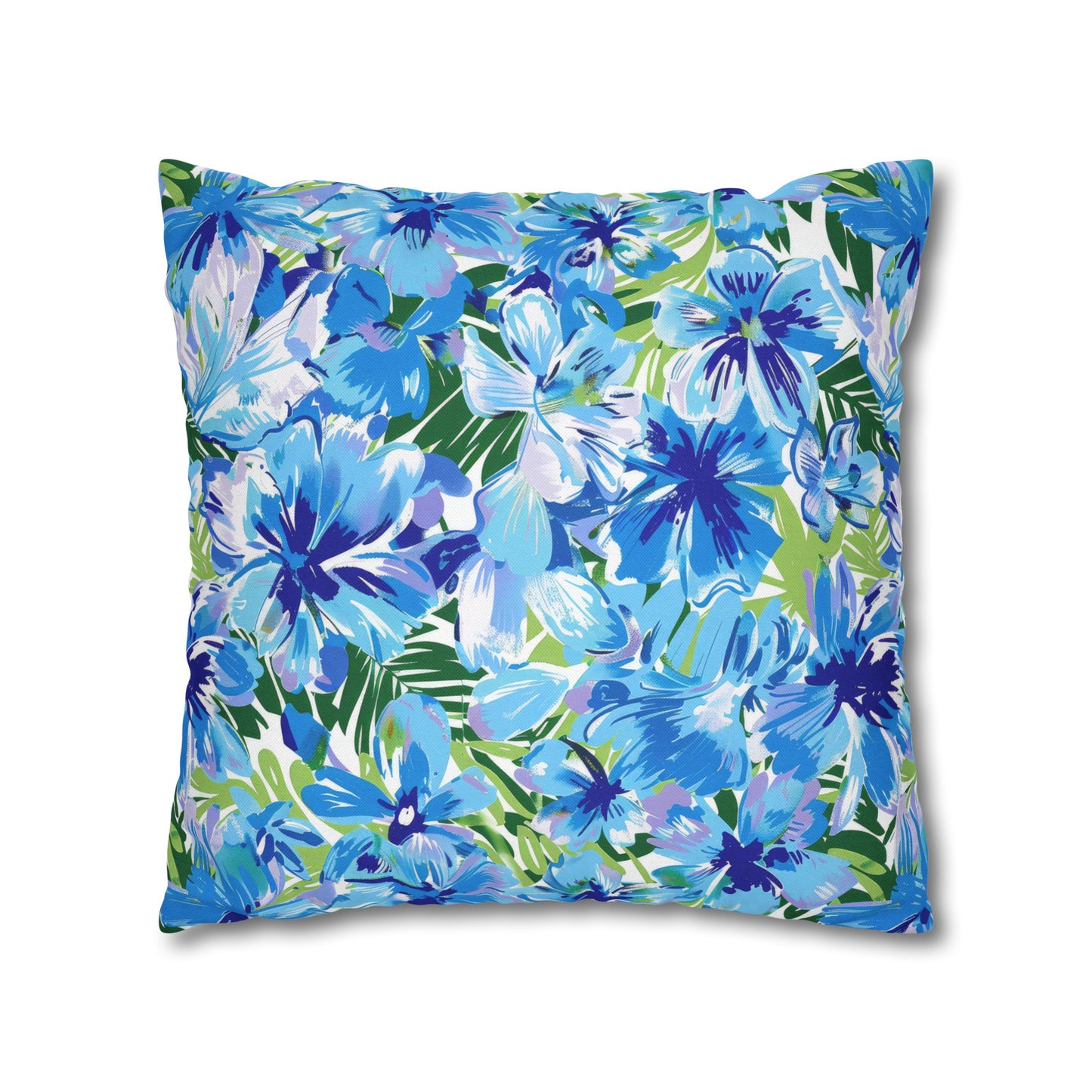 Azure Bloom Oasis: Bright Blue Large Flowers with Lush Green Palm Leaves Spun Polyester Square Pillowcase 4 Sizes