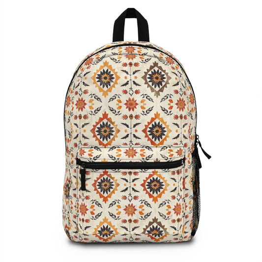 Rustic Charm of Folk Art in Burnt Orange, Deep Brown, and Creamy Beige Lightweight Stylish Durable Backpack (Made in USA)