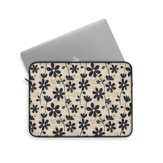 Distressed Black Floral on Beige Background Laptop or Ipad Protective Sleeve 3 Sizes Available