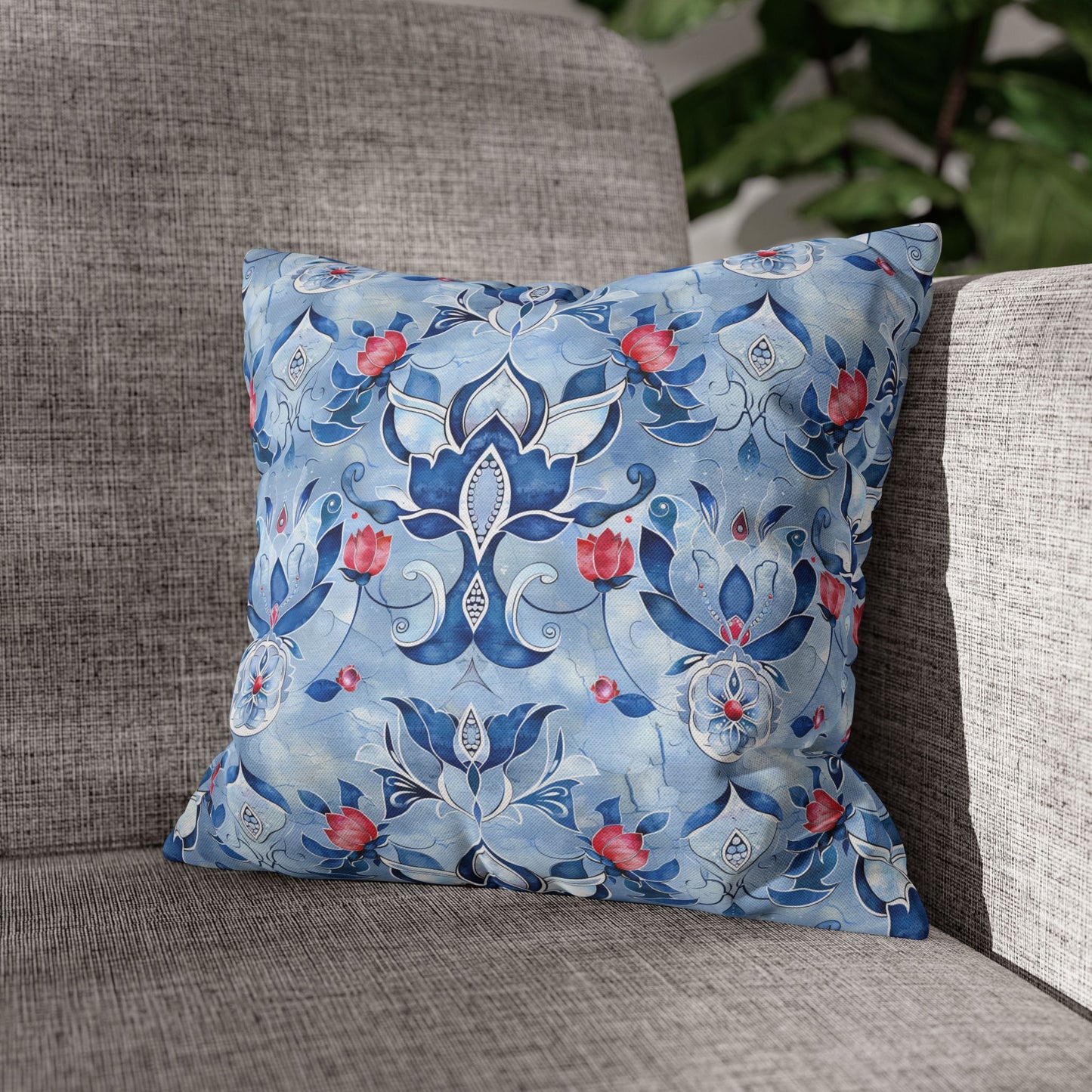 Enchanting Blue and Pink Lotus Mosaic Spun Polyester Square Pillowcase 4 Sizes