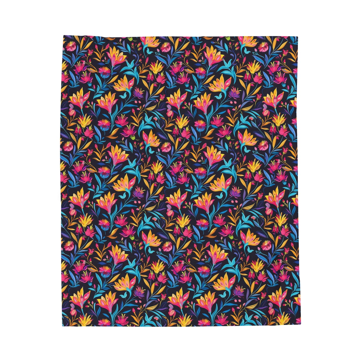 Vibrant Floral Fantasy in Midnight Garden Design Velveteen Plush Blanket 3 Sizes