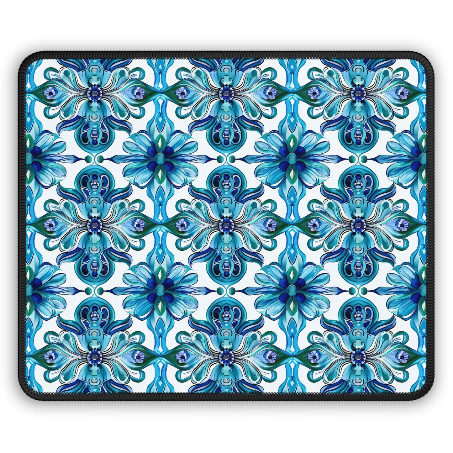 Vibrant Tapestry of Teal and Blue Flowers Mouse Pad with Finished Edges