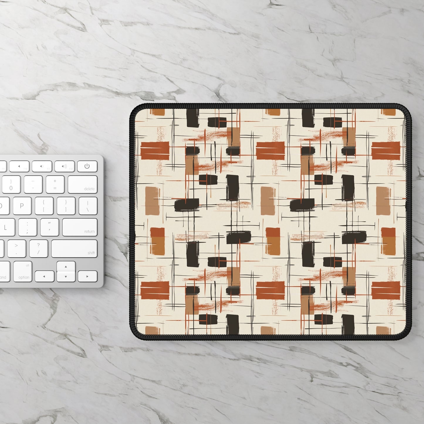 Modern Artistry in Bold and Minimalistic Pattern in a Palette of Black, Dark Orange, and Beige Mouse Pad with Finished Edges