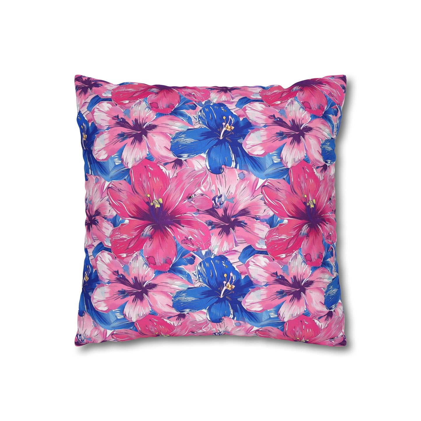 Blooming Bliss: Large Pink and Blue Blossoms in Full Bloom Spun Polyester Square Pillowcase 4 Sizes