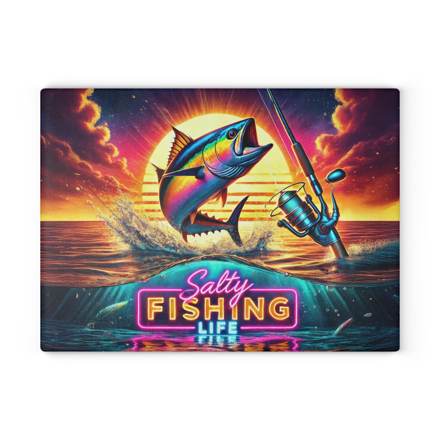 Salty Fishing Life, Sports Fishing Glass Cutting Board, Charcuterie Serving Tray 2 Sizes