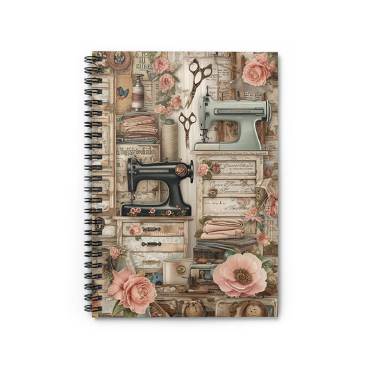 Vintage Artistry of Victorian Seamstress Sewing Machines and Flowers - Spiral Notebook Ruled Line 6"x8"