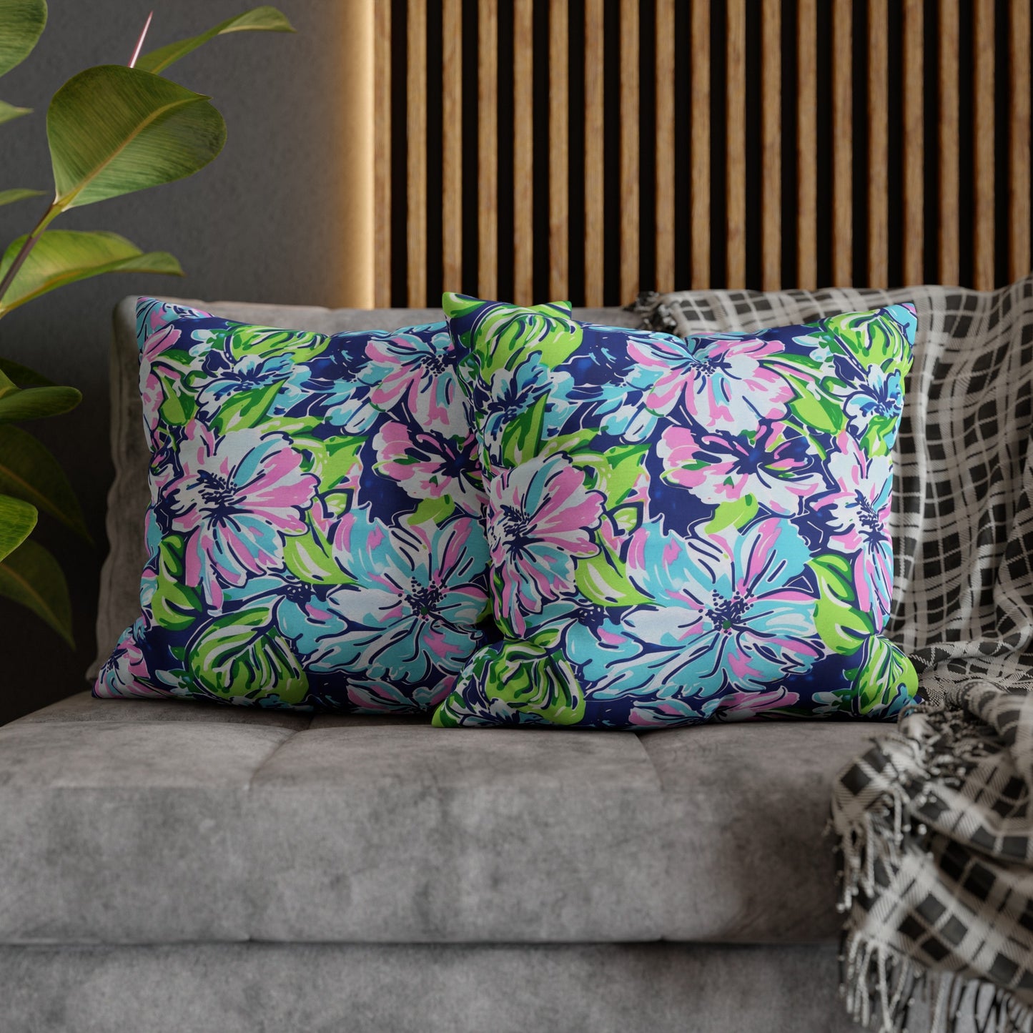 Seaside Coastal Pink, Navy, and Green Tropical Blooms Spun Polyester Square Pillowcase 4 Sizes