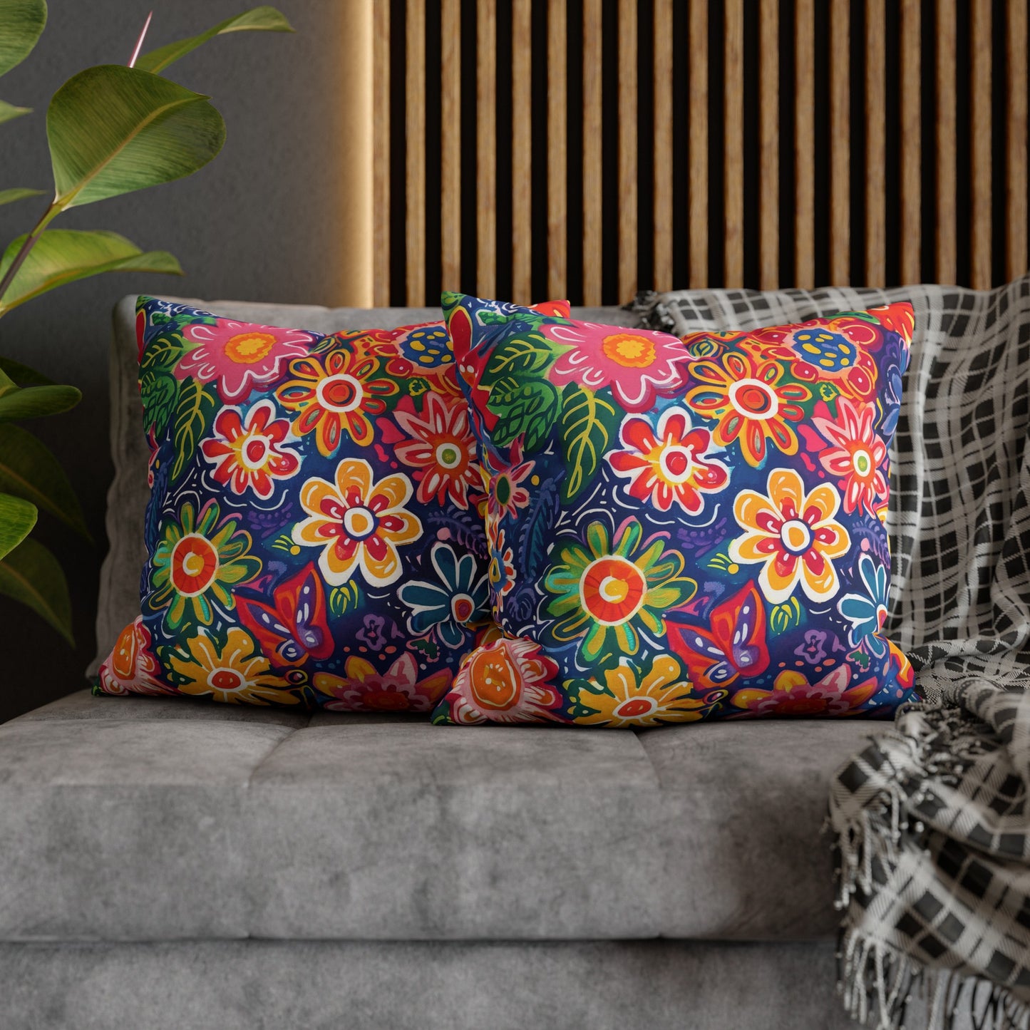 Fluttering Kaleidoscope: Vibrant Multicolor Flowers and Butterflies in Flight Spun Polyester Square Pillowcase 4 Sizes