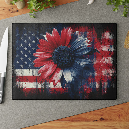 American Flag Sunflower Glass Cutting Board, Charcuterie Serving Tray 2 Sizes