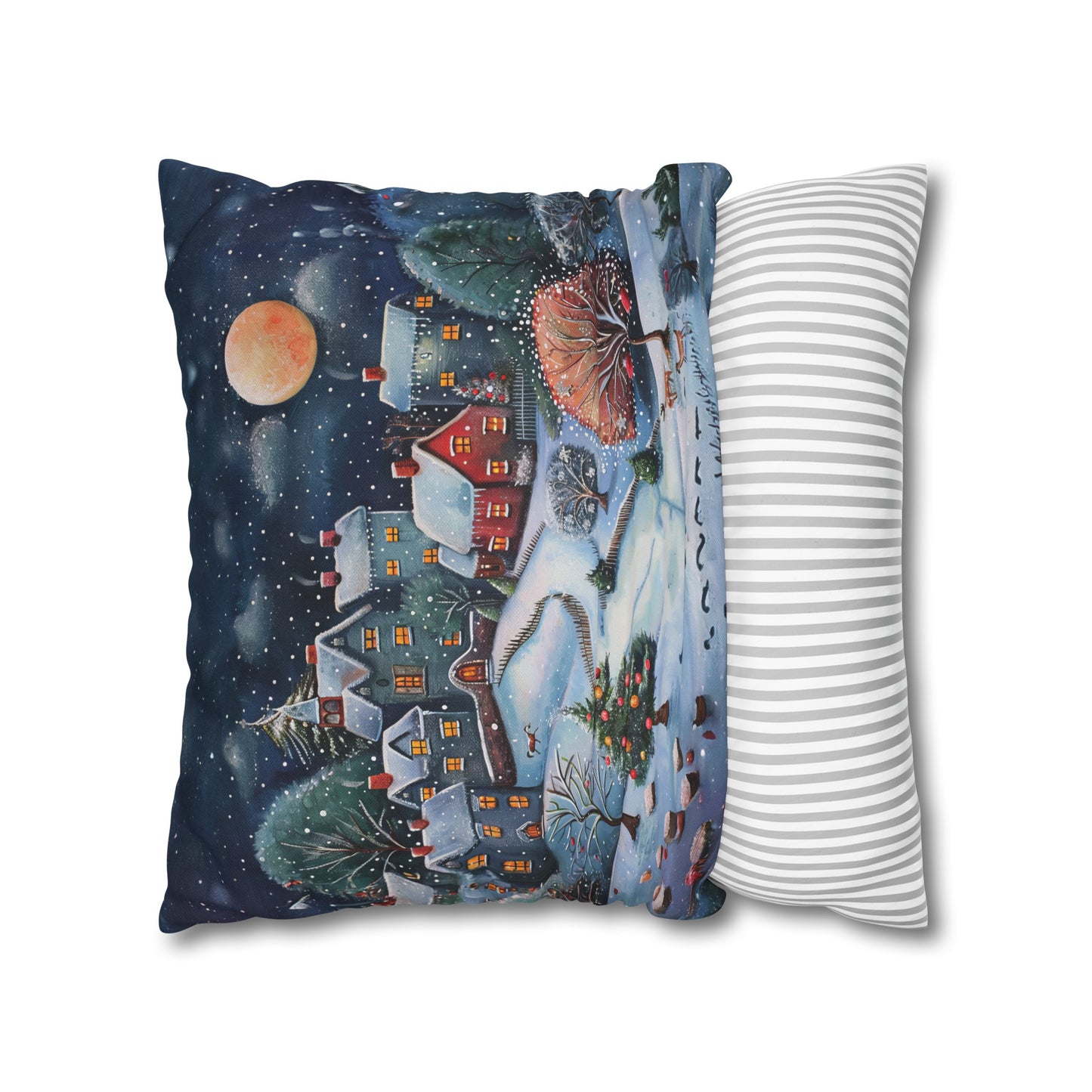 Snowy Serenade: Town at Winter Night with Reindeer Amidst the Snow  Spun Polyester Square Pillowcase 4 Sizes