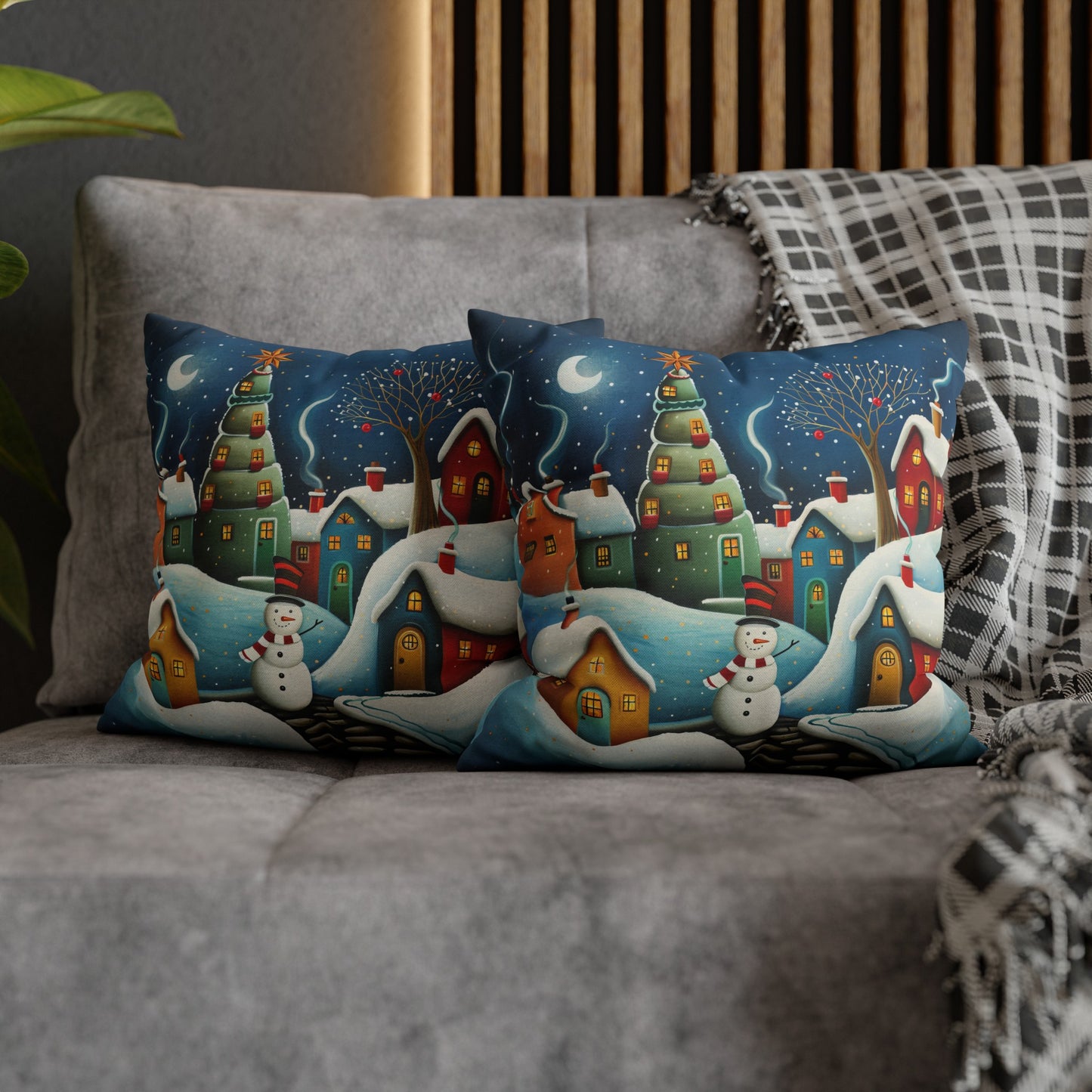 Starry Snowman Serenade: Village under a Starry Night Sky Spun Polyester Square Pillowcase 4 Sizes