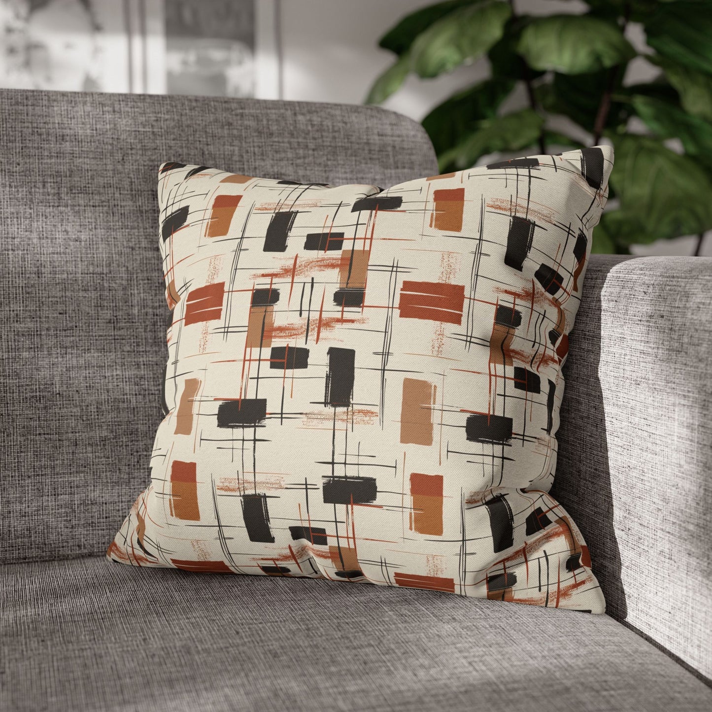 Modern Artistry in Bold and Minimalistic Pattern in a Palette of Black, Dark Orange, and Beige Spun Polyester Square Pillowcase 4 Sizes