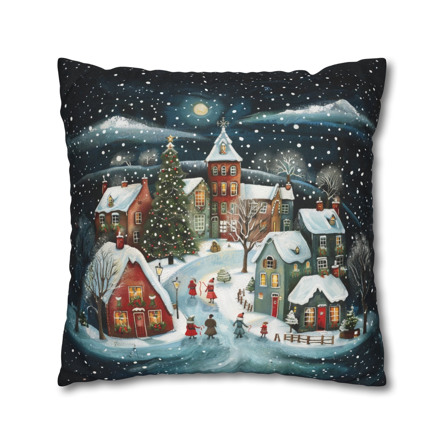 Midnight Magic: Winter Town Aglow with Christmas Decorations and Tree Spun Polyester Square Pillowcase 4 Sizes