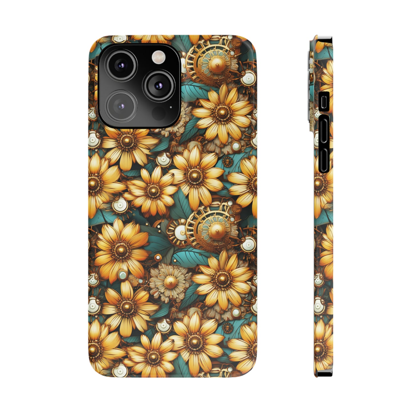 Victorian Steampunk Gold Flowers Teal Background with Gears and Mechanical Elements Iphone 15-12 Slim Phone Case