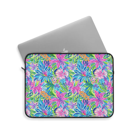 Summer Harmony: Pink and Blue Blooms with Lush Green Leaves  Laptop or Ipad Protective Sleeve Three Sizes Available