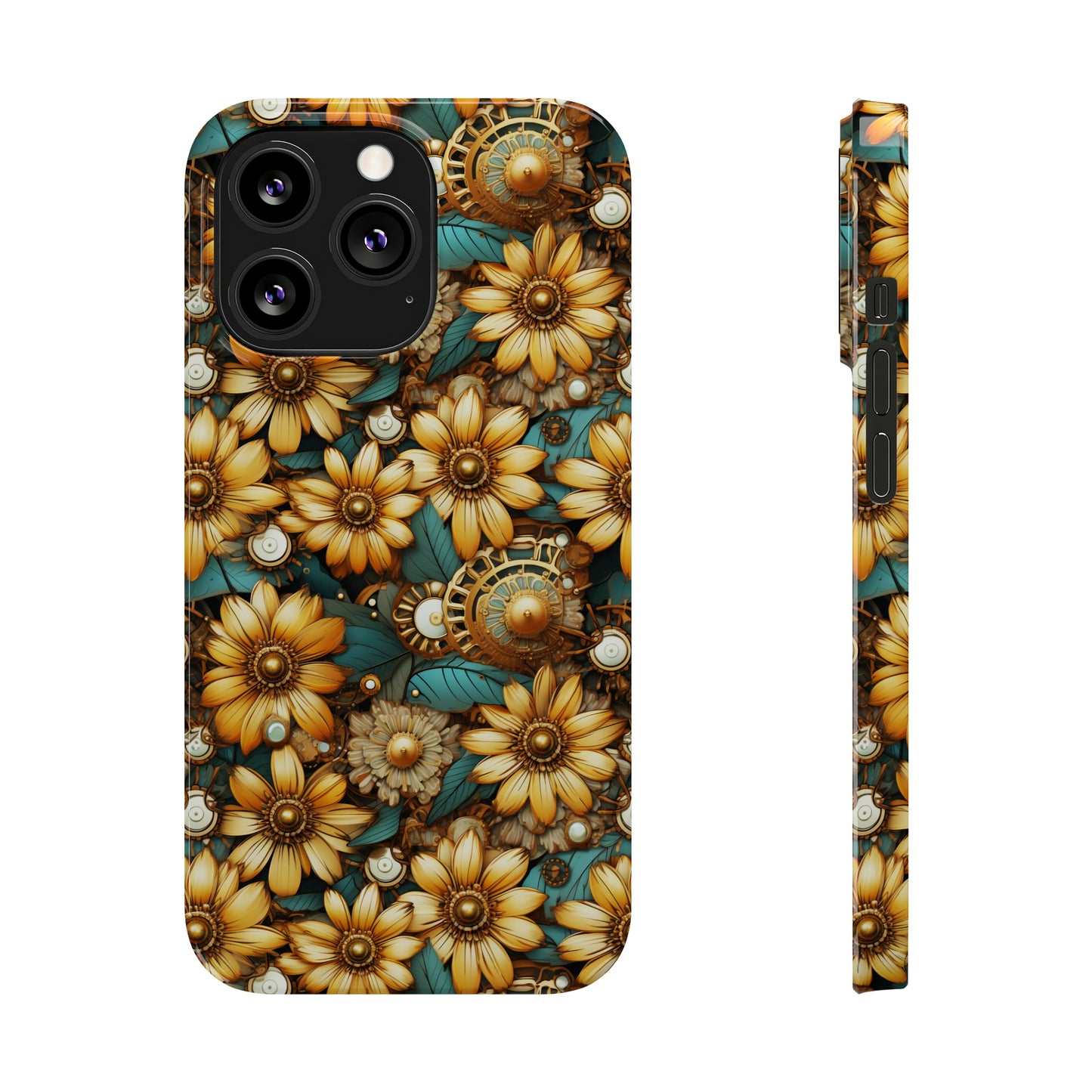 Victorian Steampunk Gold Flowers Teal Background with Gears and Mechanical Elements Iphone 15-12 Slim Phone Case