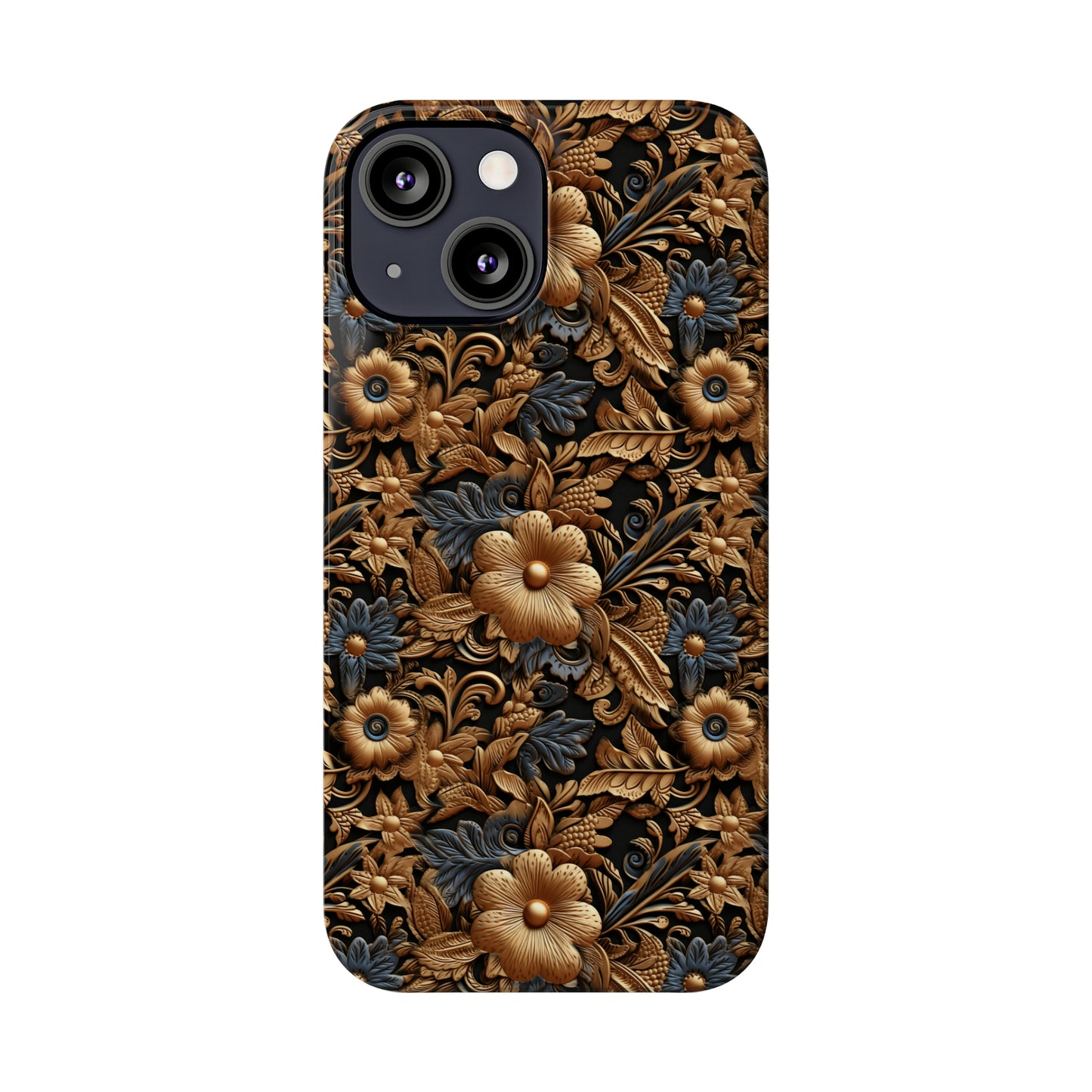 Tooled Leather Gold Flowers with Blue Leaves Accent Print Design Iphone 15-12 Slim Phone Case