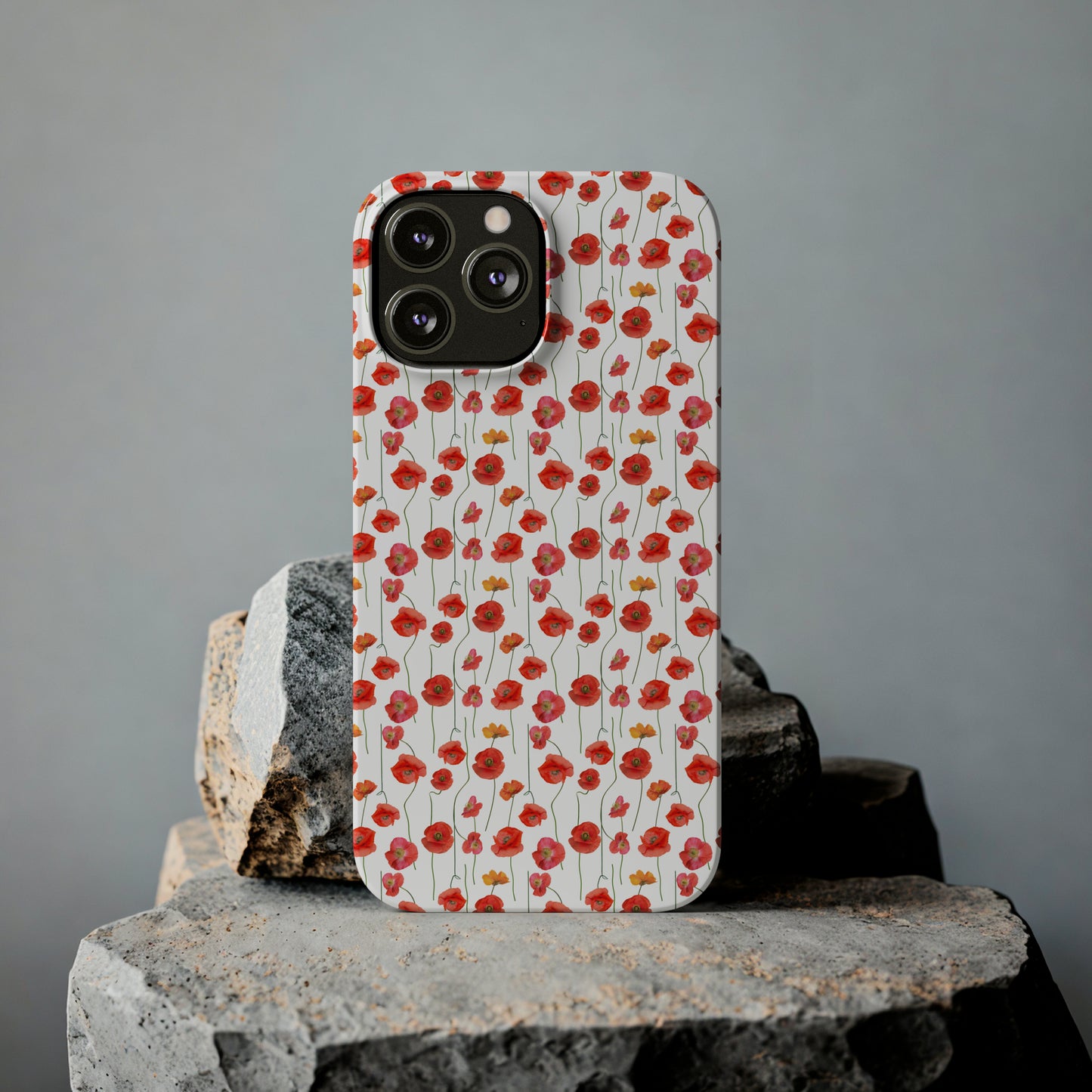 Vivid Elegance: Bright Red Poppies on a White Background Iphone 15-12 Slim Phone Case