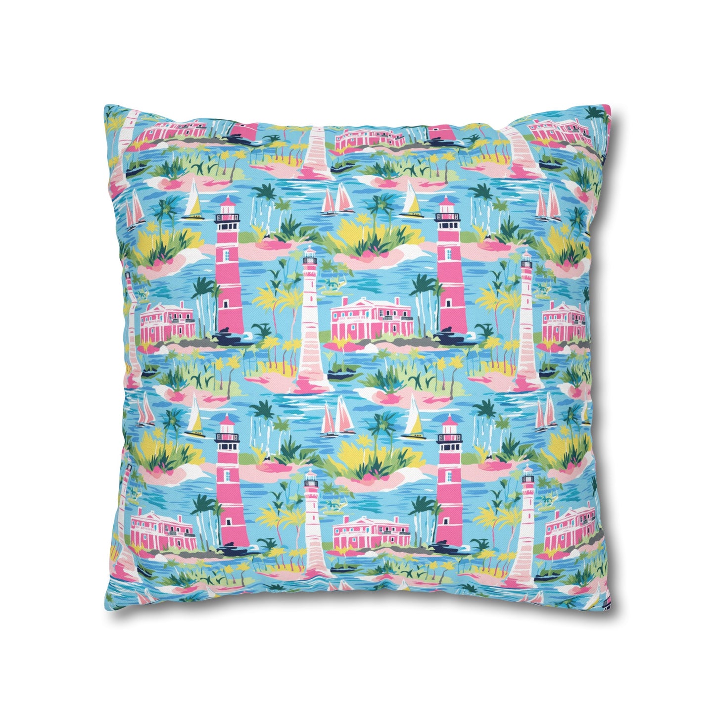 Coastal Charms: Sailboats and Lighthouses Adorning the Coastline Spun Polyester Square Pillowcase 4 Sizes