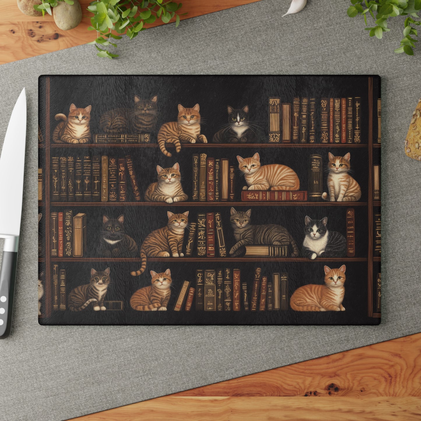 Cozy Bookshelf Cats Glass Cutting Board - 2 Sizes