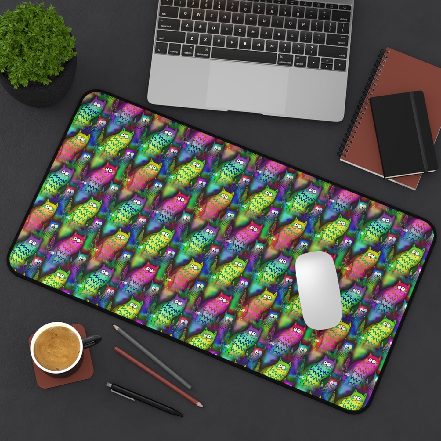 Neon Rainbow Cartoon Cats - Desk Mat Extended Gaming Mouse Pad 3 Sizes