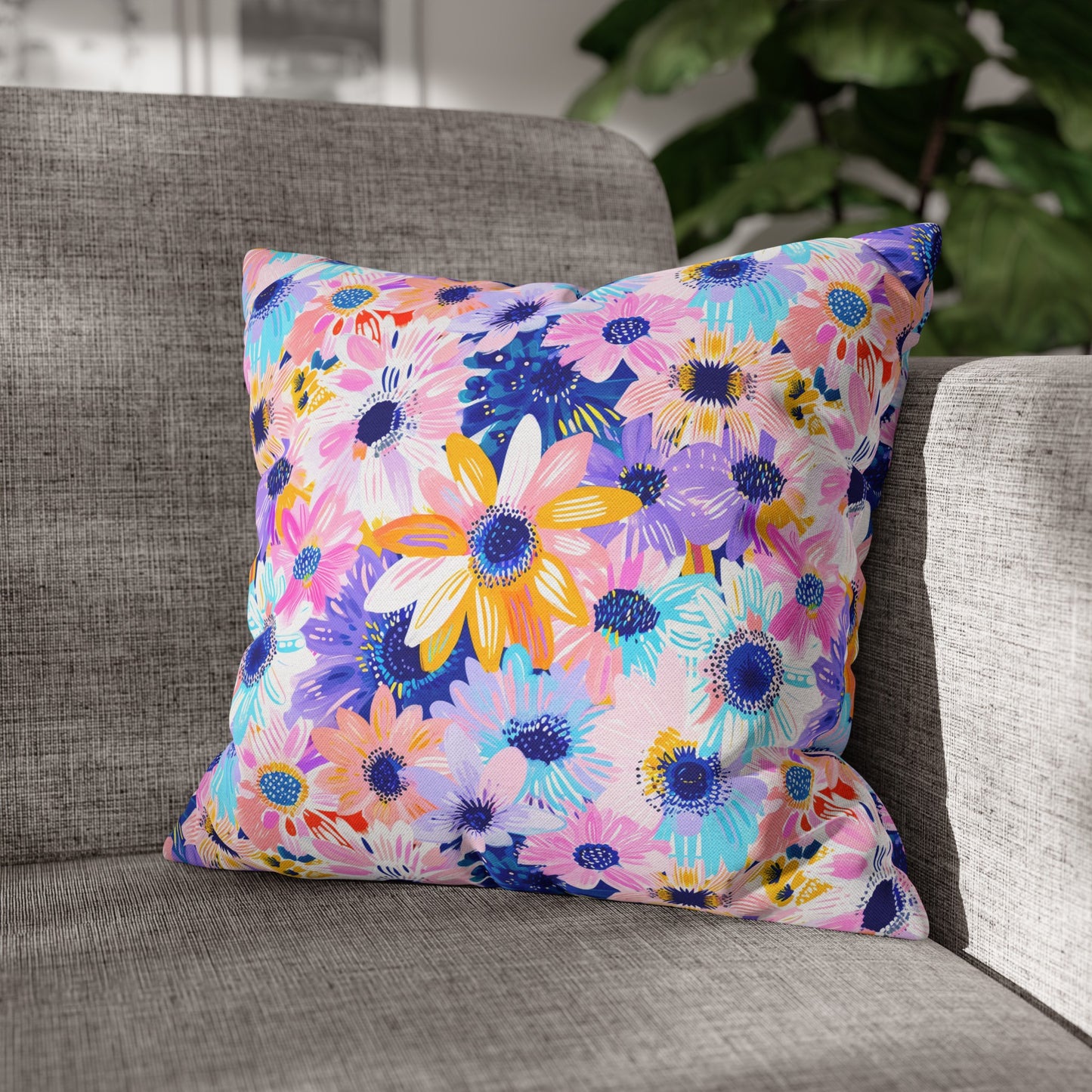 Watercolor Wonderland: Large Colorful Daisies Blooming with Radiance Spun Polyester Square Pillowcase 4 Sizes