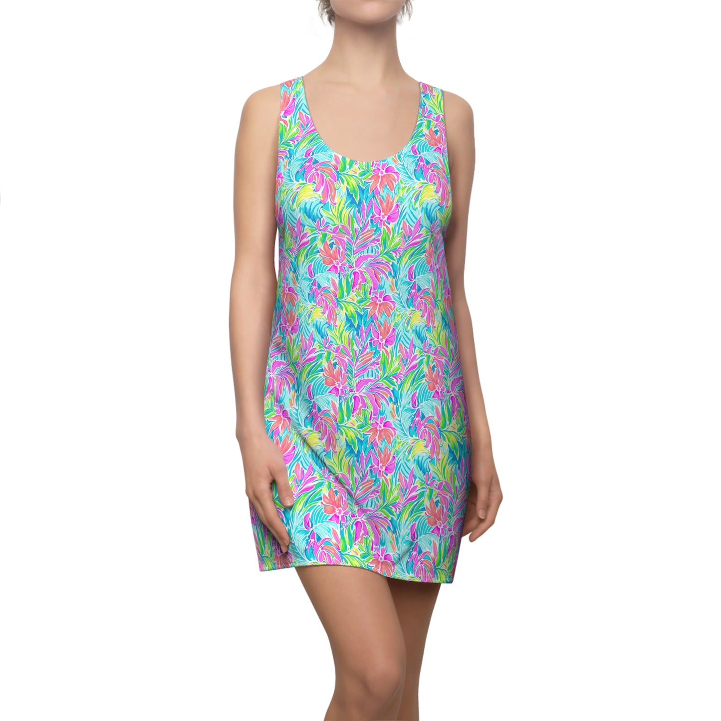 Neon Tropics: Vibrant Rainbow Flowers and Palm Leaves in Electric Splendor Women's Racerback Dress XS - 2XL