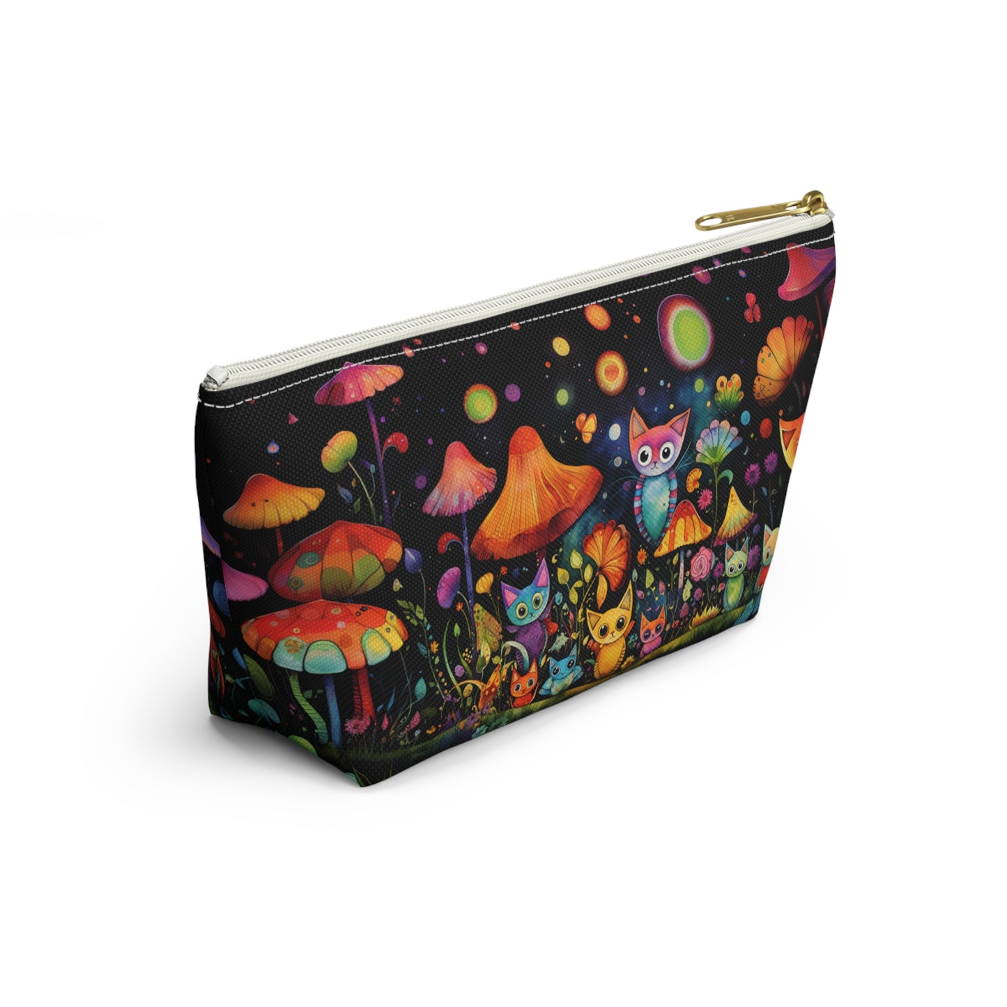 Mystical Cats Amidst a Garden of Flowers and Mushrooms, Beneath a Starry Sky - Makeup & Accessory Bag 2 Sizes