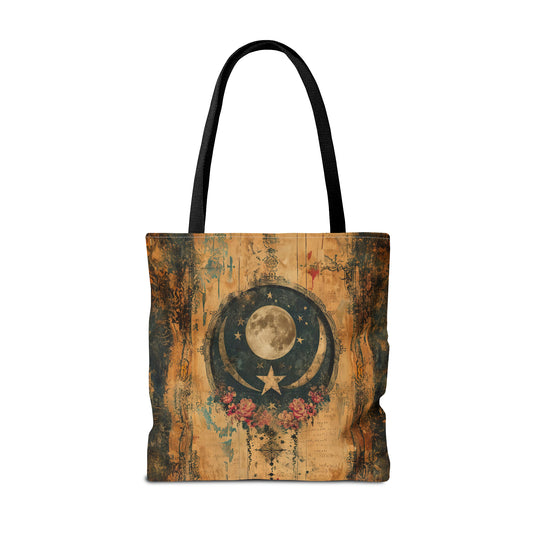 Mystical Vintage Celestial Full Moon Stars and Flowers  Canvas Tote Bag - 3 Sizes