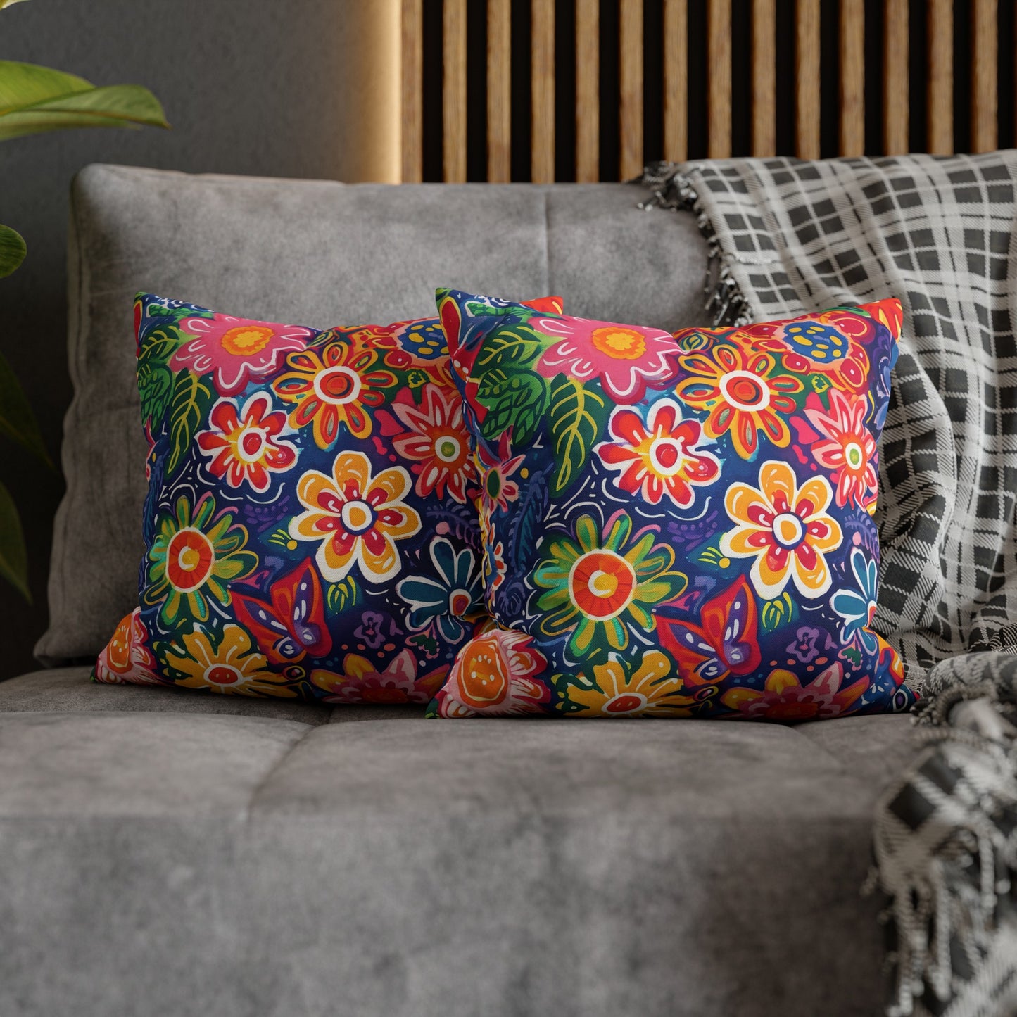 Fluttering Kaleidoscope: Vibrant Multicolor Flowers and Butterflies in Flight Spun Polyester Square Pillowcase 4 Sizes