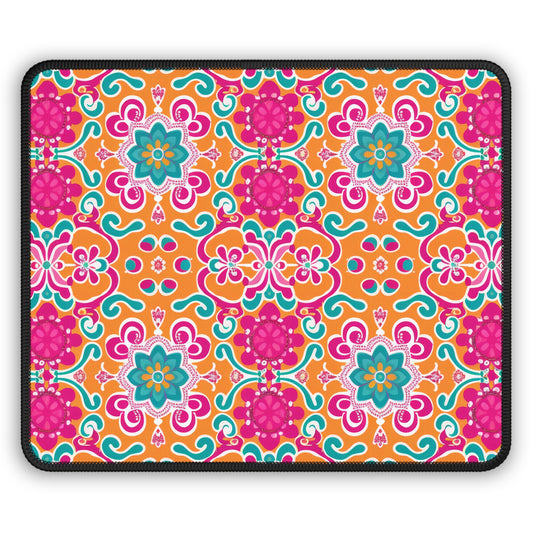 Kaleidoscope of Warm Tangerine, Lush Teal, and Lively Pink Blooms Gaming Mouse Pad with Finished Edges