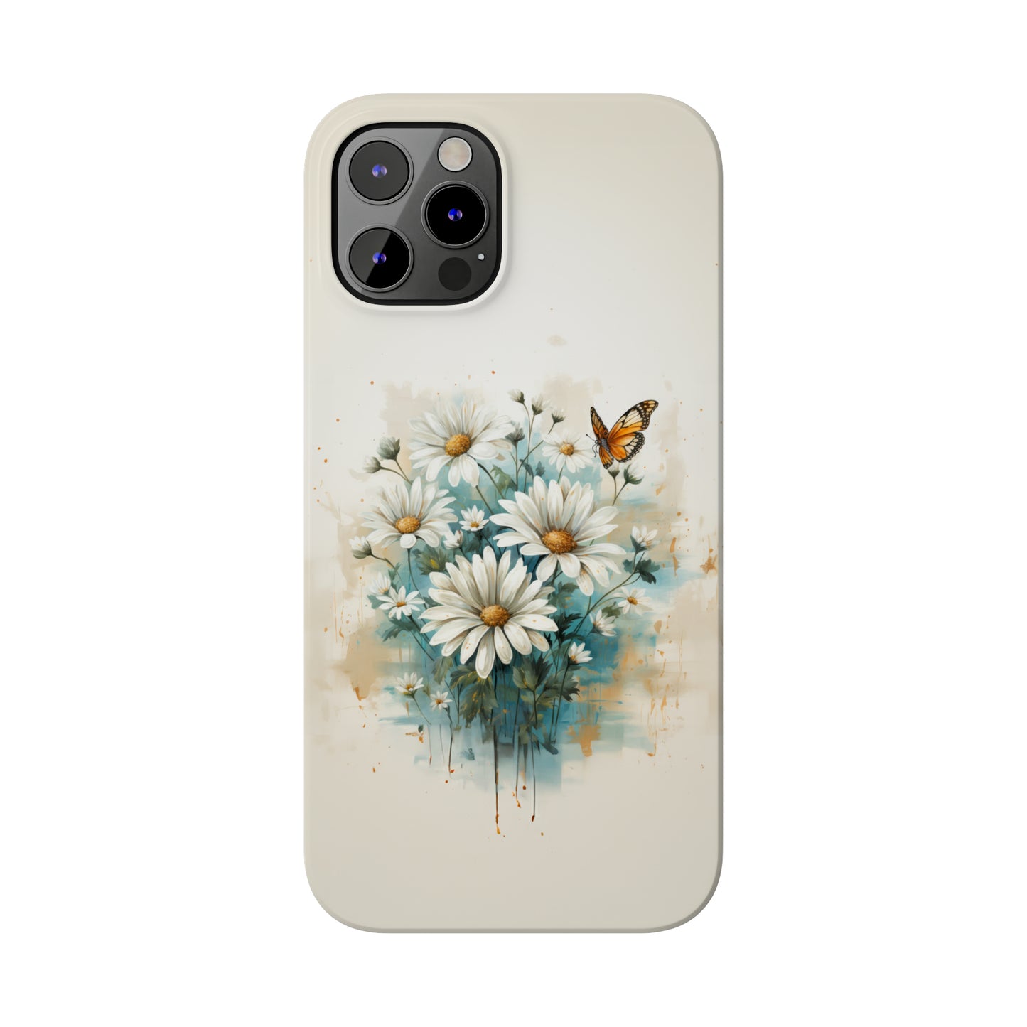 Rustic Farmhouse Teal and White Wild Daisies and Butterflies Iphone 15-12 Slim Phone Case