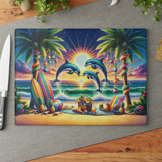 Dolphins Dancing in Sunrise Over Ocean Waves Glass Cutting Board, Charcuterie Serving Tray 2 Sizes