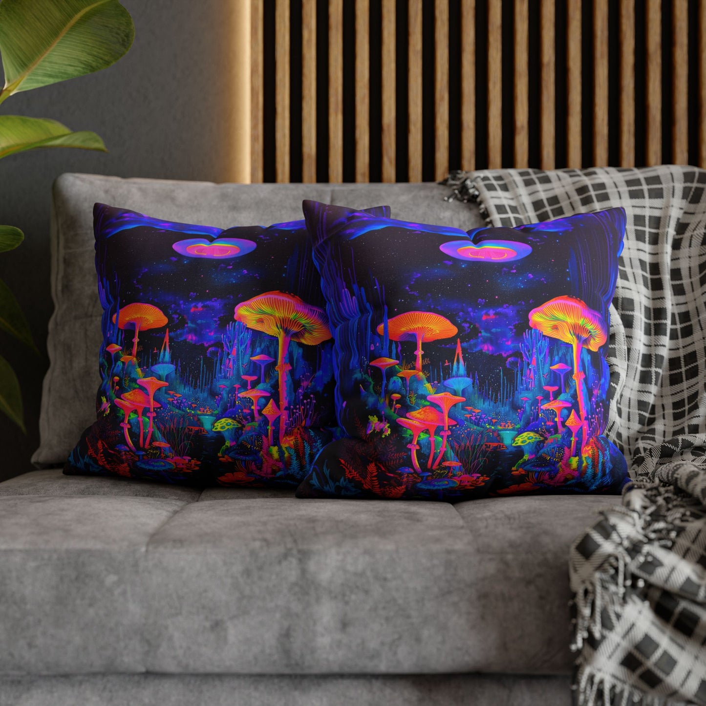 Vibrant Psychedelic Fantasy Neon Mushroom Forest Landscape Spun Polyester Square Pillowcase 4 Sizes