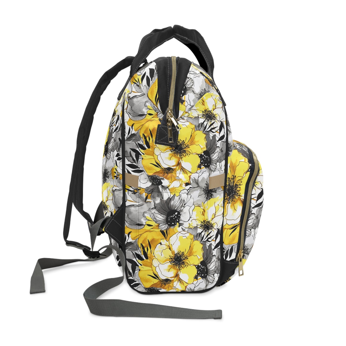 Soothing Radiance: Large Yellow and Grey Watercolor Flower Multifunctional Diaper Backpack