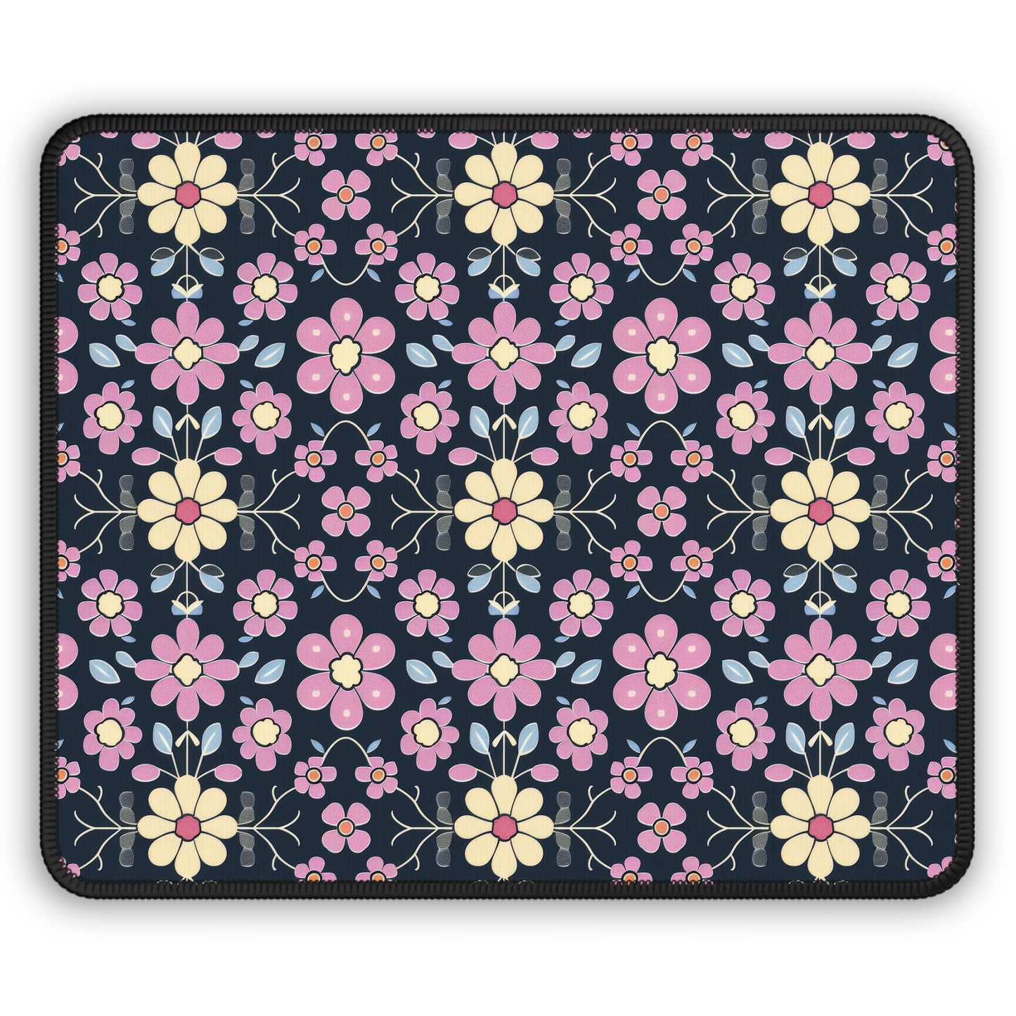 Charming Pastel Pink and Yellow Flowers on Navy Blue Background Gaming Mouse Pad with Finished Edges