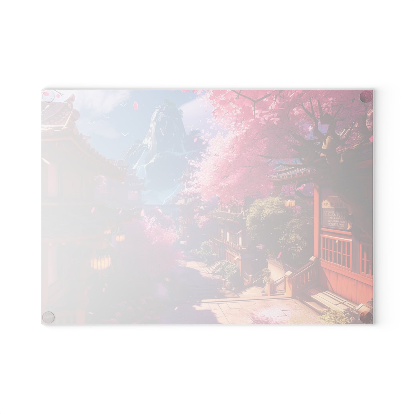 Serene Sakura Village with Tranquil Japanese Cherry Blossom Scene and Mountain View Glass Cutting Board 2 Sizes