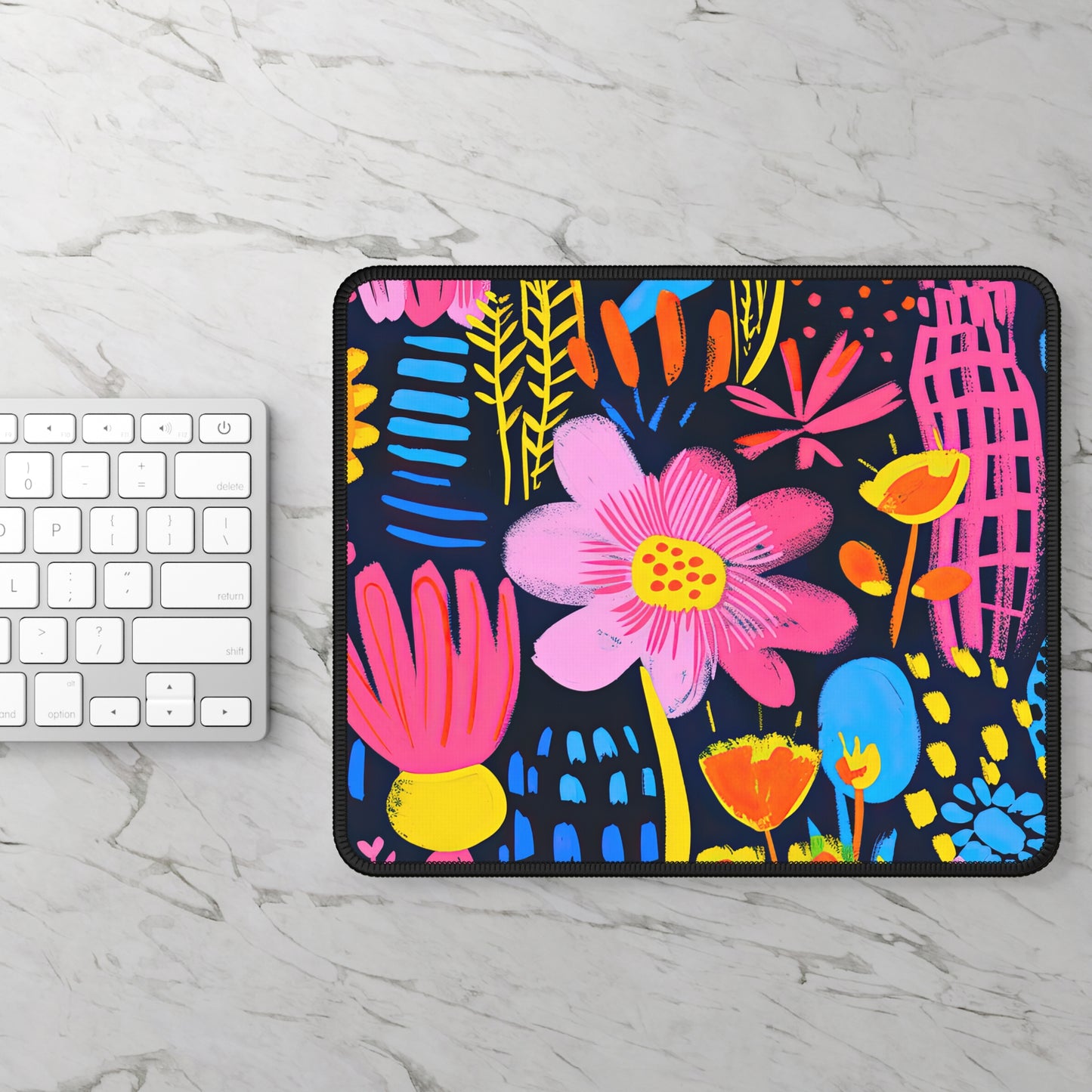 Abstract Floral Delight: Pink, Blue, and Yellow Blossoms Gaming Mouse Pad with Finished Edges