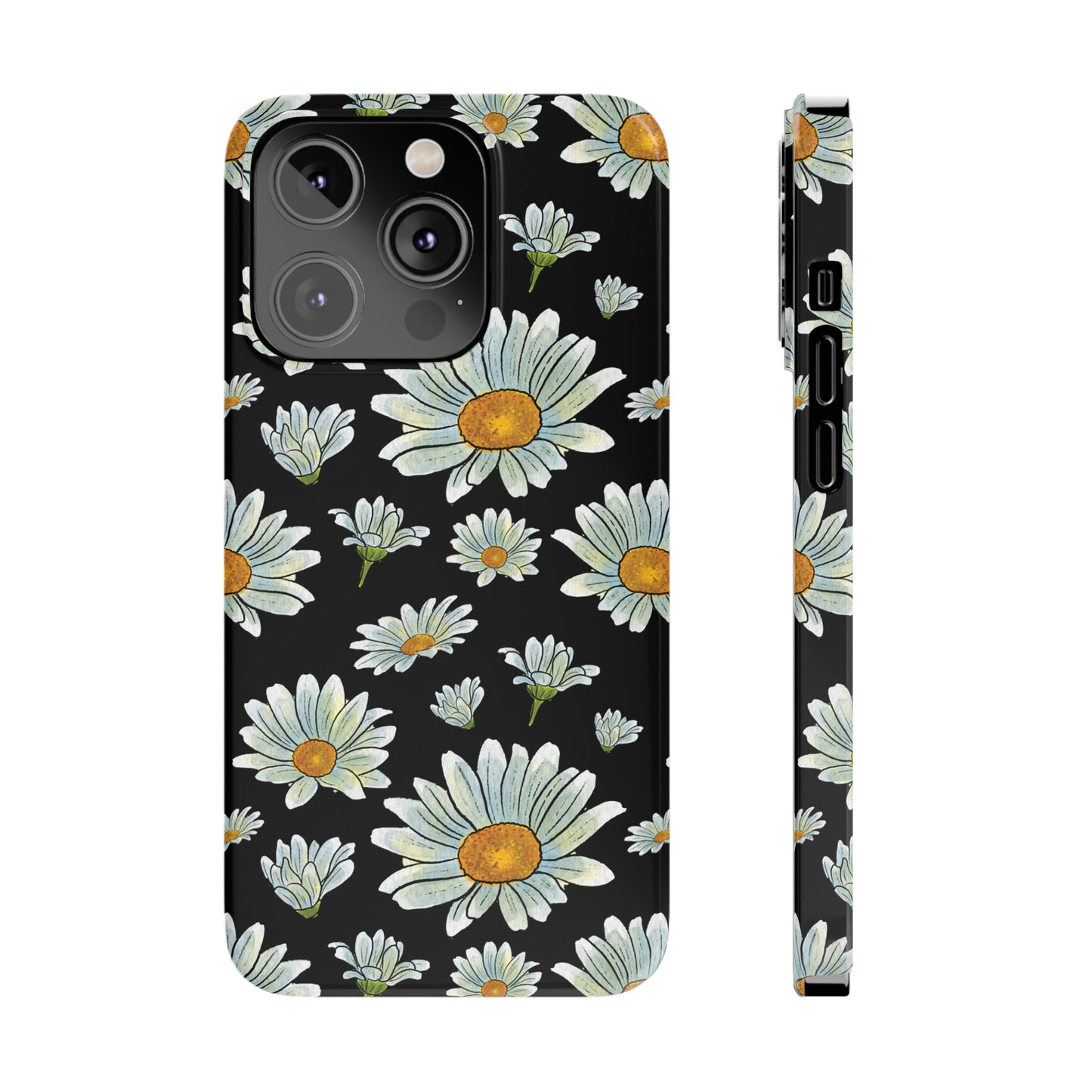 Large Watercolor Summer Daisies Blooming Against a Bold Black Background Iphone 15-12 Slim Phone Case