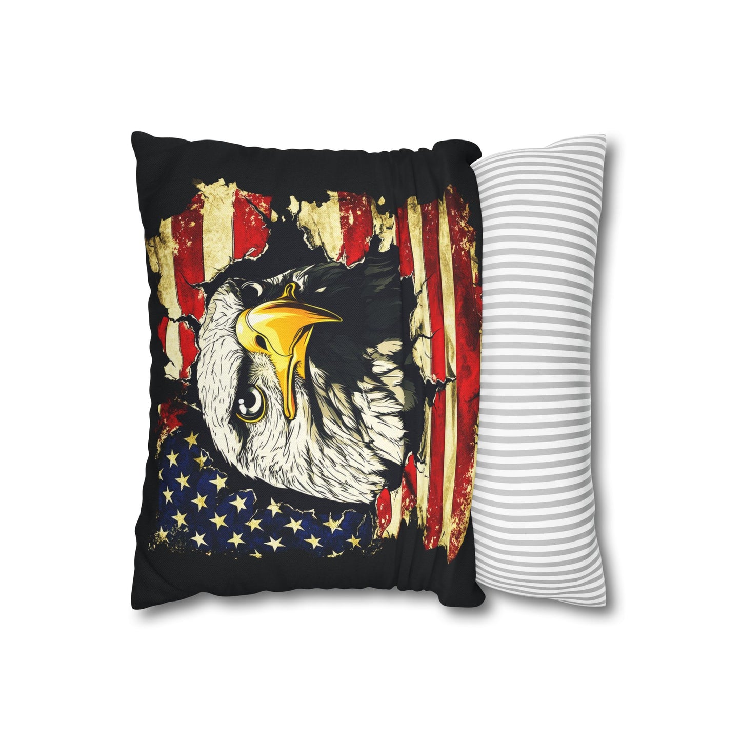 Bold Patriotism American Bald Eagle and Tattered American Flag Spun Polyester Square Pillowcase 4 Sizes