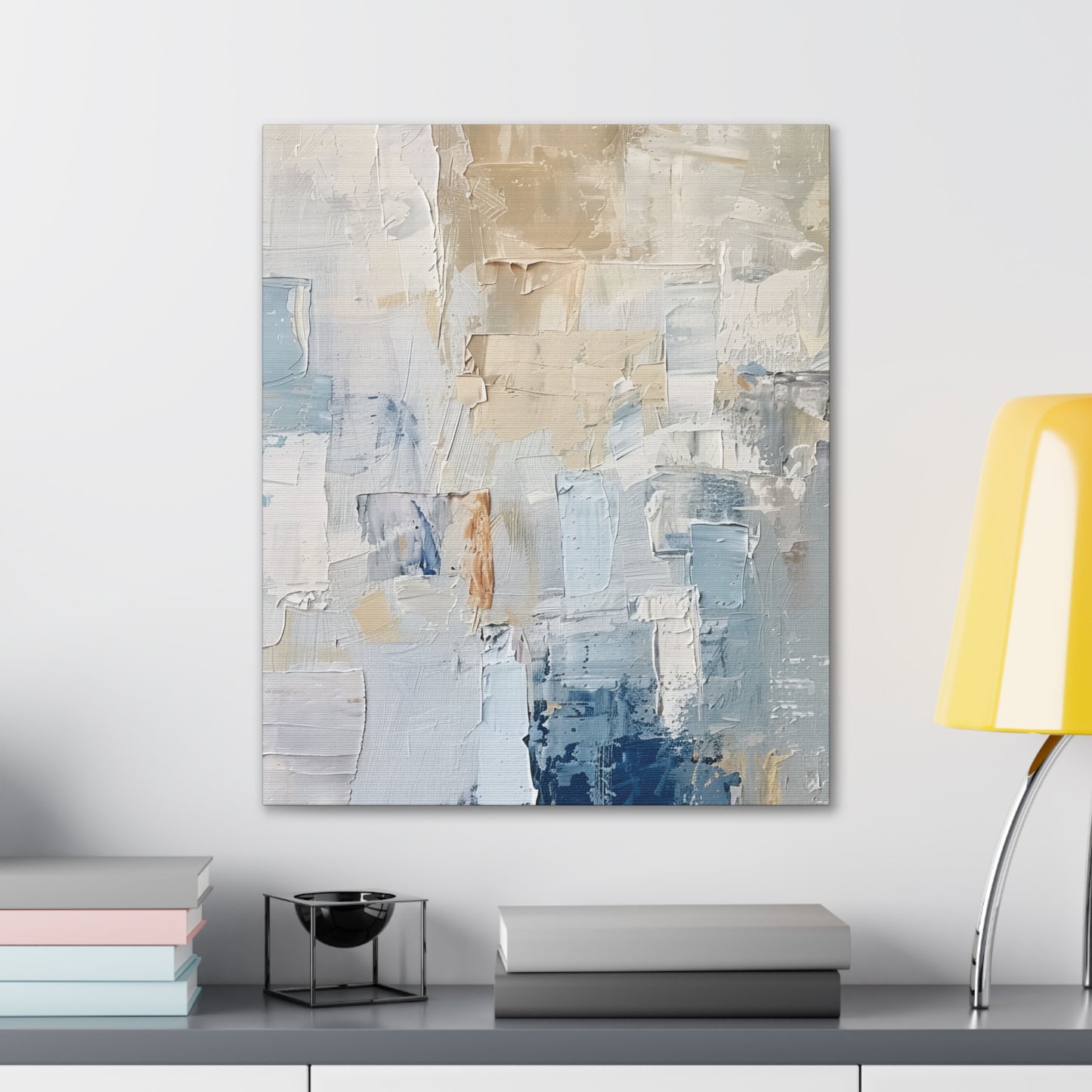 Bold Contrasts Abstract Tan, Grey and Blue Color Blocking with Heavy Strokes Print on Canvas Gallery - 13 Sizes